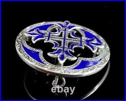 Antique Scottish silver Celtic Cross brooch, blue enamel and sterling silver, Vi