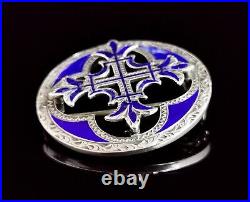 Antique Scottish silver Celtic Cross brooch, blue enamel and sterling silver, Vi