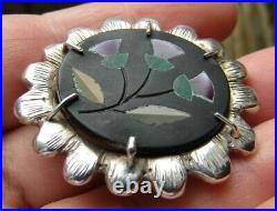 Antique Scottish thistle Inlay Amethyst Malachite Sterling Silver Brooch