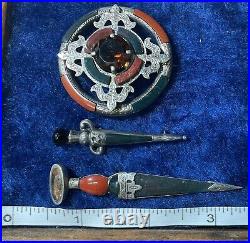 Antique Set Scottish Sterling Silver Bloodstone Citrine Kilt Pin Brooch Pendant