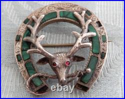 Antique Silver & Malachite Stag Hunting Scottish Brooch, Hand Made c1840-1870