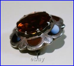 Antique Sterling SCOTTISH Agate Cairngorm Citrine Brooch Pin Kilt Sash Brooch