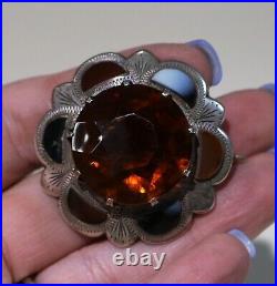 Antique Sterling SCOTTISH Agate Cairngorm Citrine Brooch Pin Kilt Sash Brooch