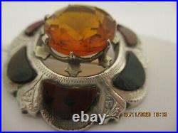 Antique, Sterling Silver Brooch Scottish, Multi Agates+ Citrine, 4 CM