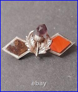 Antique Sterling Silver & Hardstone Scottish Thistle Brooch/Pin