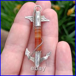 Antique Sterling Silver Scottish Banded Agate Anchor Brooch/Pendant