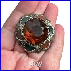 Antique Sterling Silver Scottish Brooch Agate, Faceted Faux Citrine Vtg Sash Pin