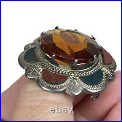 Antique Sterling Silver Scottish Brooch Agate, Faceted Faux Citrine Vtg Sash Pin