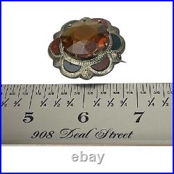 Antique Sterling Silver Scottish Brooch Agate, Faceted Faux Citrine Vtg Sash Pin