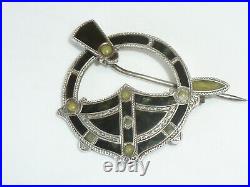 Antique Sterling Silver Scottish Penannular Tara Brooch Agate Connemara Gemstone