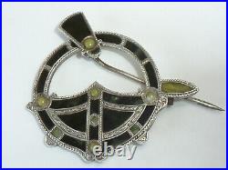 Antique Sterling Silver Scottish Penannular Tara Brooch Agate Connemara Gemstone