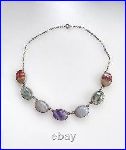 Antique Sterling Silver Scottish Specimen Agate & Amethyst Riviere Necklace 16