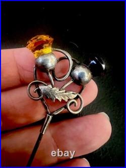 Antique Sterling Silver Scottish Stone Set Hair Pin, Amethyst & Citrine