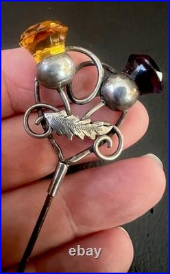 Antique Sterling Silver Scottish Stone Set Hair Pin, Amethyst & Citrine