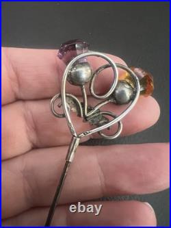 Antique Sterling Silver Scottish Stone Set Hair Pin, Amethyst & Citrine