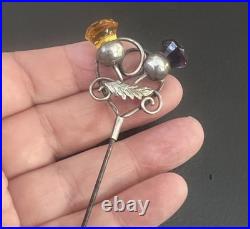 Antique Sterling Silver Scottish Stone Set Hair Pin, Amethyst & Citrine