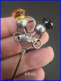 Antique Sterling Silver Scottish Stone Set Hair Pin, Amethyst & Citrine