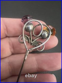 Antique Sterling Silver Scottish Stone Set Hair Pin, Amethyst & Citrine