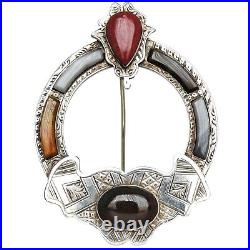 Antique VICTORIAN Sterling Silver SCOTTISH CELTIC AGATE HUNTERSTON Style BROOCH