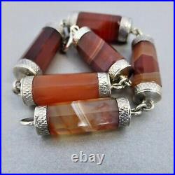 Antique VICTORIAN c1870 Sterling Silver SCOTTISH Barrel Agate PEBBLE BRACELET