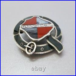 Antique VICTORIAN c1870 Sterling Silver SCOTTISH Shield and Garter PEBBLE BROOCH