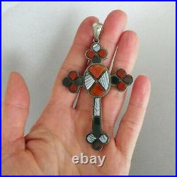 Antique VICTORIAN c1890 SCOTTISH Large Stg Silver AGATE Pebble CROSS PENDANT