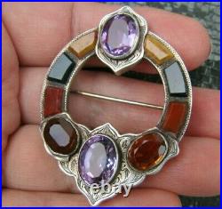 Antique Victorian 1880s Cairngorm Amethyst Citrine Scottish Agate Silver Brooch