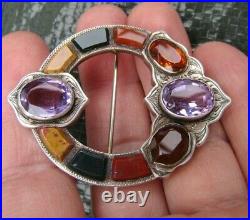 Antique Victorian 1880s Cairngorm Amethyst Citrine Scottish Agate Silver Brooch