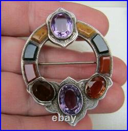 Antique Victorian 1880s Cairngorm Amethyst Citrine Scottish Agate Silver Brooch