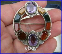 Antique Victorian 1880s Cairngorm Amethyst Citrine Scottish Agate Silver Brooch