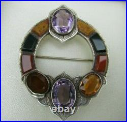 Antique Victorian 1880s Cairngorm Amethyst Citrine Scottish Agate Silver Brooch