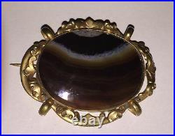 Antique Victorian Banded Agate Sterling Silver Scottish Brooch Chased Engraved