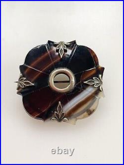 Antique Victorian Celtic Scottish Sterling Silver Banded Agate Brooch Pin 1.7