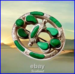 Antique Victorian Edwardian Scottish Silver And Natural Malachite Agate Brooch