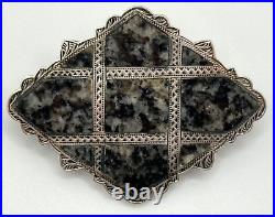 Antique Victorian Inlaid Scottish Agate Granite Sterling Silver Brooch Pin