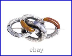 Antique Victorian Scottish 925 Silver & Agate Loop Knot Brooch / Pin c. 1860