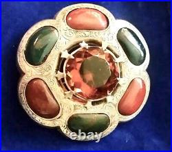 Antique Victorian Scottish Agate Horseshoe Thistle Brooch Sterling Silver Pin