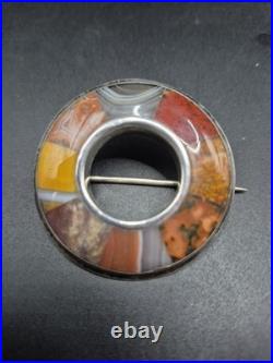 Antique Victorian Scottish Agate Jasper & Sterling Silver Brooch 55mm Diameter