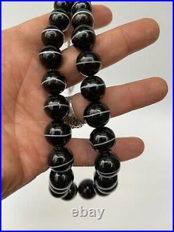 Antique Victorian Scottish Black Sulimani Banded Agate Bead Necklace 116g