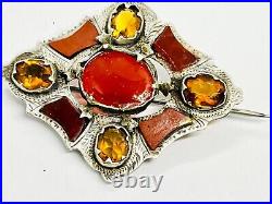 Antique Victorian Scottish Carnelian Agate & Citrine Pebble Brooch c. 1850, 7.6g