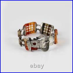 Antique Victorian Scottish Carved Agate And Sterling Silver Buckle Bracelet