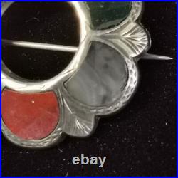 Antique Victorian Scottish Celtic Shield Silver Gemstone Brooch c1880 9.91g
