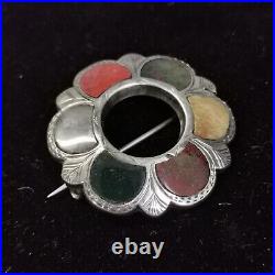 Antique Victorian Scottish Celtic Shield Silver Gemstone Brooch c1880 9.91g