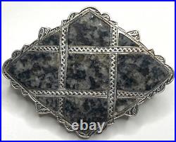 Antique Victorian Scottish Inlaid Granite Sterling Silver Brooch Pin