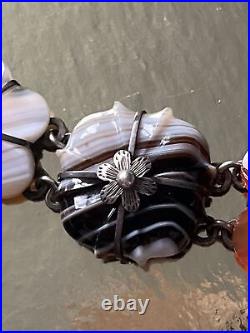 Antique Victorian Scottish Pebble Banded Agate Silver Bracelet