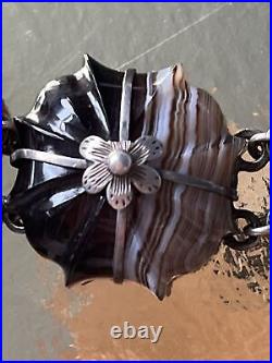 Antique Victorian Scottish Pebble Banded Agate Silver Bracelet