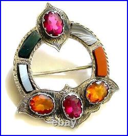 Antique Victorian Scottish Pebble Brooch c1890 Sterling Silver Agate Multi Stone