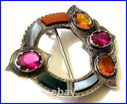 Antique Victorian Scottish Pebble Brooch c1890 Sterling Silver Agate Multi Stone