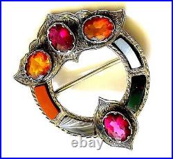 Antique Victorian Scottish Pebble Brooch c1890 Sterling Silver Agate Multi Stone