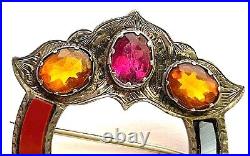 Antique Victorian Scottish Pebble Brooch c1890 Sterling Silver Agate Multi Stone